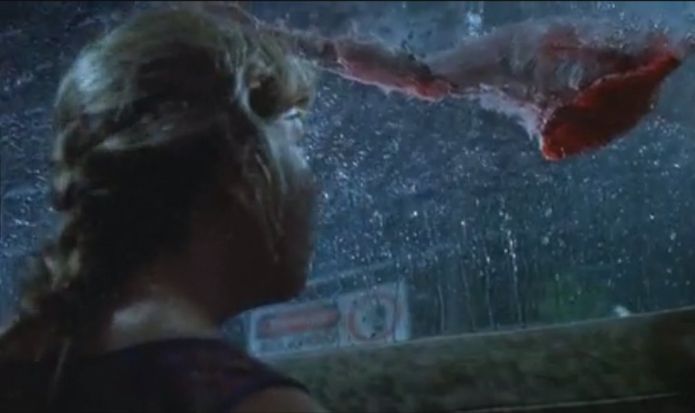 Jurassic Park - 11 - Where's the goat - the goat leg lands on the roof of the jeep