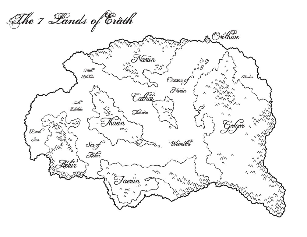 The world of Erâth, with the seven continents: Golgor, Cathaï, Faerün, Thaeìn, Aélûr, Narün and Oríthiae.